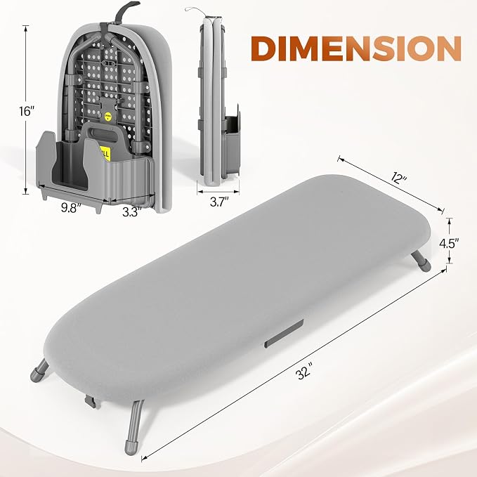 Small Ironing Board with Iron Holder Compact Tabletop Iron Board | 12 x 32 inchs, 2 Heat Resistant Ironing Covers, Non-Slip Feet, Suitable for Laundry Rooms, Bedrooms, Dormitories, Travel
