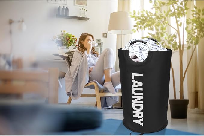 Maxsilan 125L X-Large Laundry Basket Bag, Collapsible Tall Hamper, Black | Freestanding tall laundry bag & foldable washing basket. Extra large clothes storage bin with durable sturdy handles