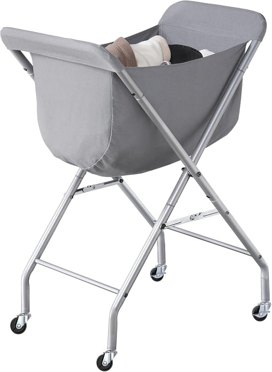 ELYKEN Laundry Basket with Wheels, Collapsible Laundry Hamper, Gray | Removable Liner Bag, Foldable Design, Sturdy Metal Frame, 4 Casters, 32”H Laundry Cart for Bedroom, Bathroom & Laundry Room
