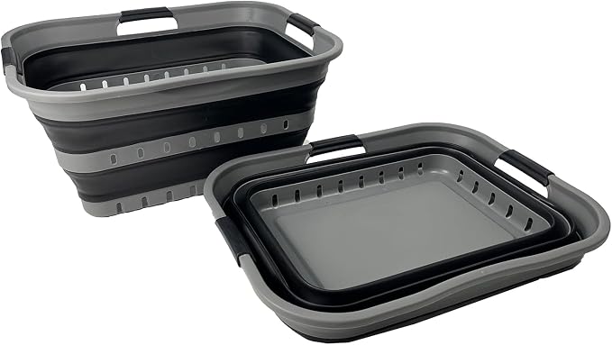 SAMMART 42 (11 Gallons) Collapsible Plastic Laundry Basket, Foldable Pop Up Storage Container/Organizer, Space Saving Hamper, Portable Bin for Dorm Room Bathroom (2, Grey/Black)