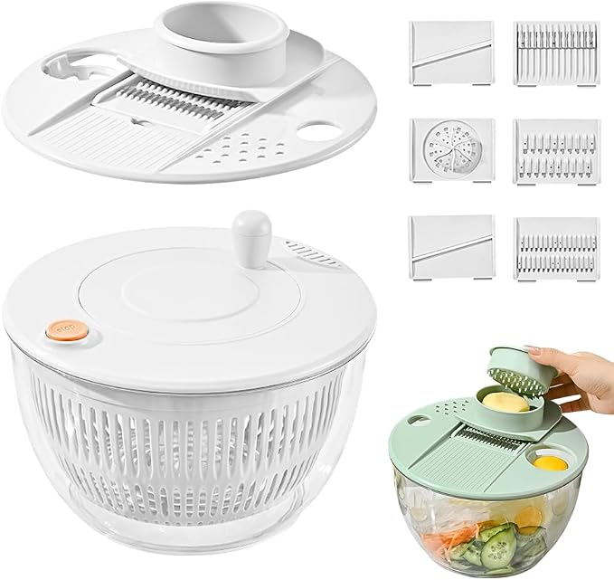 Salad Spinner with Slicer, 2026 New 3 in 1 Salad Spinner, Fruit Washing Bowl with Strainer, Berry Washing Bowl, Vegetables Wash Bowl for Salad, Lettuce, Food Washing (1, White)