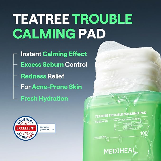 MEDIHEAL Teatree Trouble Calming Toner Pads, Quick Soothing (100 Count) | with Tea Tree Leaf Oil | for Sensitive & Acne-Prone Skin| Non-comedogenic | Plastic-Free Vegan Pads | Korean Derma Toner Pads