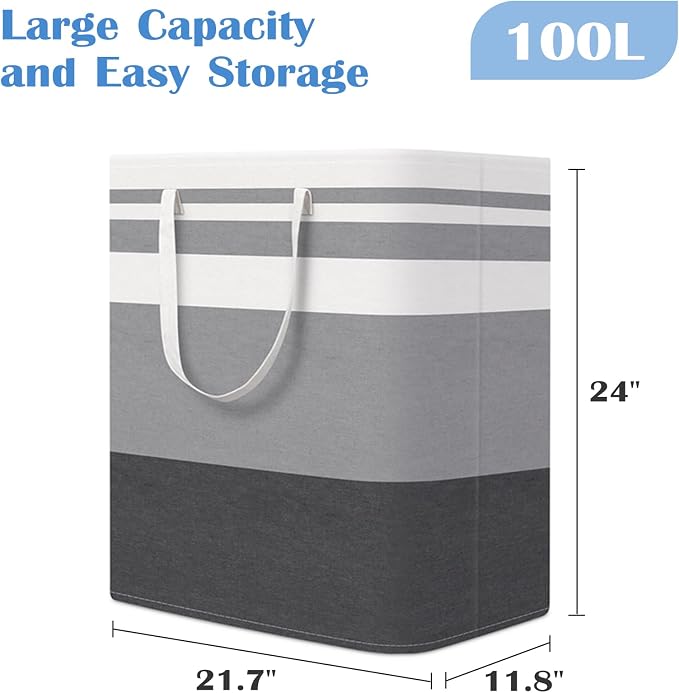 BlissTotes 3-Pack Laundry Basket, Collapsible Laundry Hamper, Grey, 100L | Laundry Clothes Hamper, Hampers for Bedroom, Freestanding Hamper with Handles, Clothes Laundry Basket