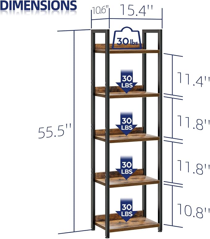 NUMENN Narrow Bookshelf, 5 Tier Freestanding Shelving Unit, Vintage | Metal Frame & Wood Shelves, Falling Prevention Baffle, Open Storage Bookcase for Bedroom, Living Room & Home Office