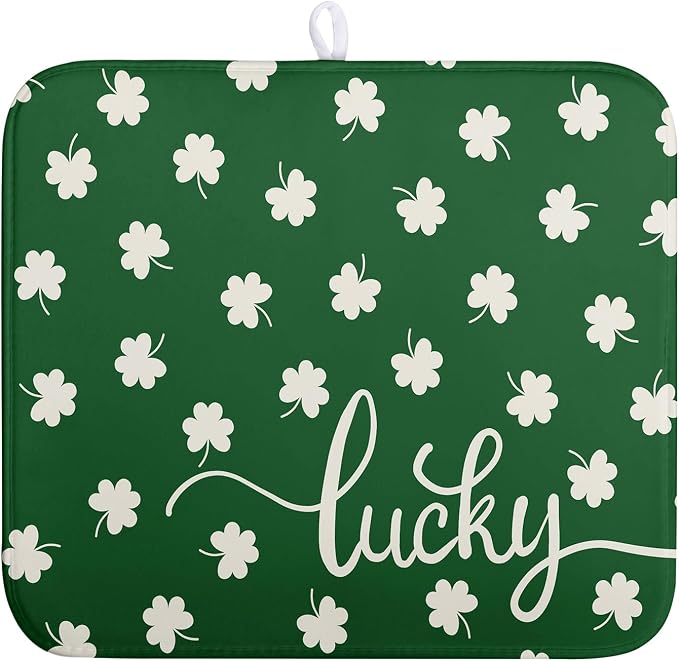 St Patrick Shamrock Drying Mat for Kitchen Counter Green White Lucky Clover Drying Dish Mat St Patricks Day Absorbent Microfiber Dish Drying Pad Reusable Dry Mat 16 x 18 Inch