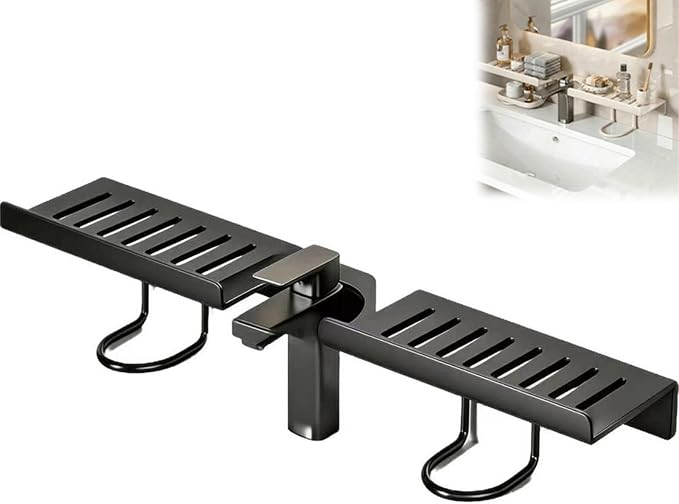19.7 Inch Over Sink Faucet Storage Rack, No-Drill Countertop Storage Rack for Toiletries & Skincare, Over Sink Shelf, Compact Countertop Stand, for Kitchen, Bathroom, Shower, Easy Drainage (Black