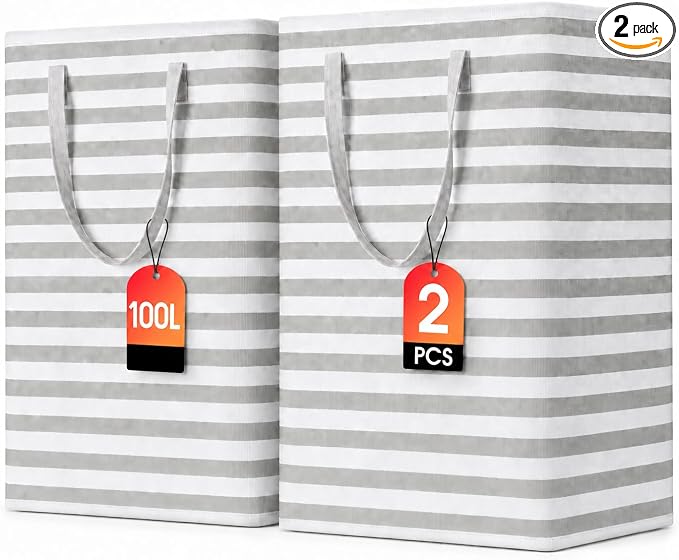 BOOMIBOO 2-Pack Large Laundry Basket,Waterproof Freestanding Laundry Hamper,Collapsible Clothes Basket with Easy Carry Handles in Laundry Room Bathroom Bedroom Dorm,Grey,100L
