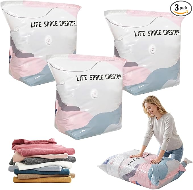 No-Pump Vacuum Storage Bags, Upgrade Large Storage Compression Bags No-Pump 3D Vacuum Storage Bags for Clothes, Comforters, Blankets, 2026 New Cube Compression Space Saver Bags (White X3)