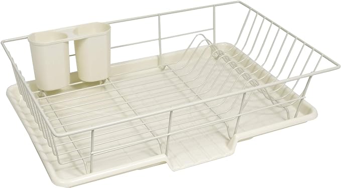 Sweet Home Collection Metal, Plasic 3 Piece Dish Drainer Rack Set with Drying Board and Utensil Holder, 12" x 19" x 5", Ivory
