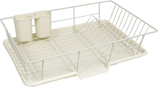 Sweet Home Collection Metal, Plasic 3 Piece Dish Drainer Rack Set with Drying Board and Utensil Holder, 12" x 19" x 5", Ivory