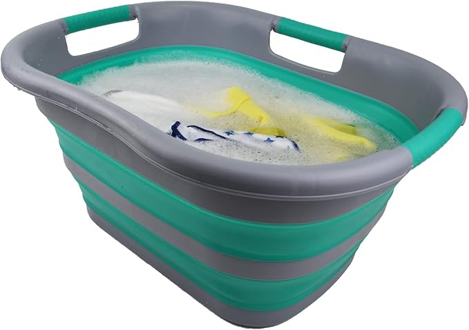 SAMMART 30L (7.9 gallon) Collapsible Plastic Laundry Basket - Foldable Pop Up Storage Container/Organizer - Portable Washing Tub - Space Saving Hamper/Basket (1, Dark Grey/Bluish-Green)