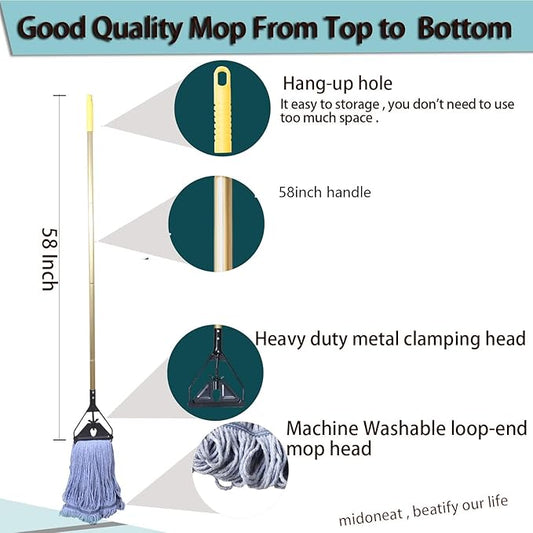 Midoneat Commercial Industrial Heavy Duty Mop with Long Handle,58" Looped-End String Wet Cotton Mops for Floor Cleaning, 2packs