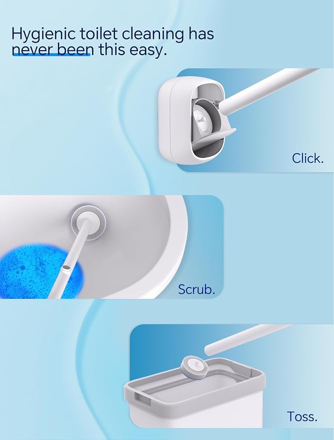 Disposable Toilet Brush Wand, Wall Mounted Toilet Cleaner Kit with Holder, for Bathroom Cleaning (Toilet Brush + 12 Brush Heads)