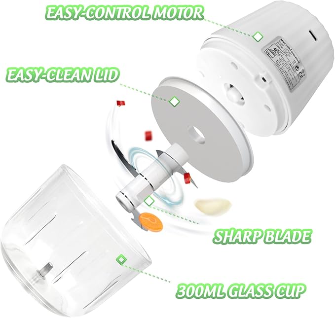 Mini Electric Garlic Chopper 300ML GLASS Food Processor Cordless | Type-C Rechargeable Mincer Chopper for Vegetables Puree, 6 Blades, BPA Free, with Scraper Splash Guard Charging Cord
