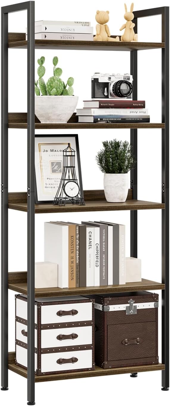 NUMENN Bookshelf, 5 Tier Freestanding Shelving Unit, Dark Walnut | Metal Frame & Wood Shelves, Falling Prevention Baffle, Open Storage Bookcase for Bedroom, Living Room & Home Office