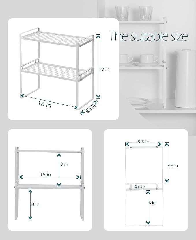 Shantton 2Pack Cabinet Shelf Organizer Storage Rack Space Saving for Kitchen Counter Pantry Bathroom Cupboard Under Sink Office Table Steel Stackable Rust Resistant Heavy Duty Nonslip 16” White - Tall