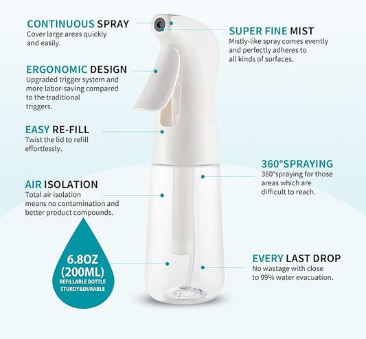 TANSHINE Continuous Spray Bottle for Hair,Ultra Fine Mist Water Hair Spray Bottles,Mister Spray Bottle,Refillable Plastic Sprayer for Hairstyling, Cleaning,Alcohol, Plants, Salons,6.8oz/200ml,Clear