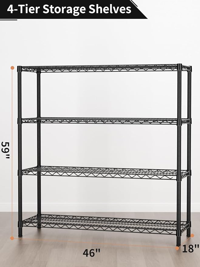 Golpart 4Tier Adjustable Storage Shelves Metal Wire Shelving Standing Shelf | Utility Heavy Duty Unit Rack Closet Organize for Home Kitchen Laundry Room Organization Pantry 18"Dx46"Wx59"H Black