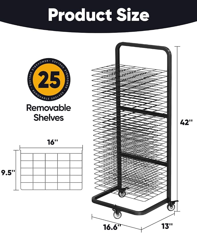 mocomax Art Drying Rack for Painting, Metal Paint Drying Stand, Movable Paint Drying Rack with Lockable Wheels, Art Canvas Storage Rack for Classrooms & Art Studios, 25 Removable Shelves, Black