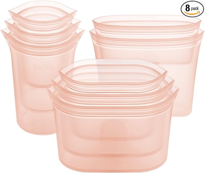 Zip Top Reusable Food Storage Containers Full Set of 8 Peach – Platinum Silicone Cups, Dishes & Bags – Microwave, Dishwasher & Freezer Safe – Made in USA, BPA-Free