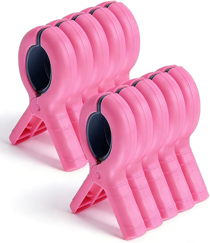 10 Pack Beach Towel Clips Heavy Duty Large Beach Essentials Chair Pool Clip | Pink Clips with Strong Grip, Silicone Protection, Rust Resistant Spring, Multi-Use for Beach, Boat, Cruise & Outdoors
