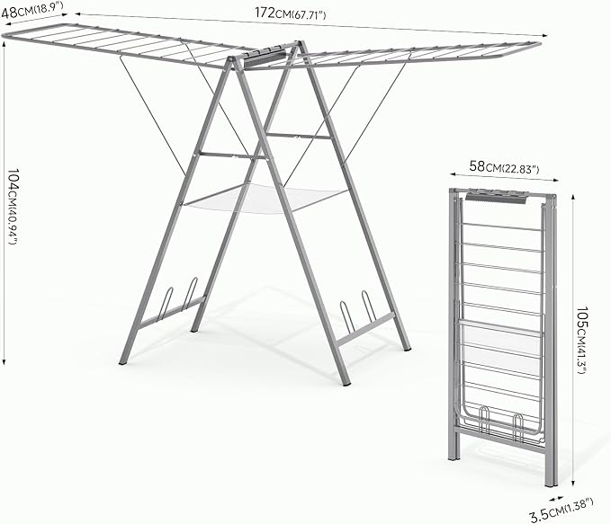 APEXCHASER 6 Height Adjustable Clothes Drying Rack with Shoe Slots, Grey | Pre-Assembled, Stable Load Structure, 22 Drying Rails, Foldable Space-Saving For Efficient Indoor & Outdoor Airflow Drying