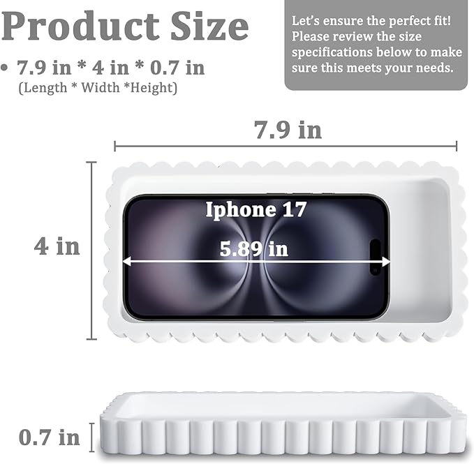 Small Silicone Bathroom Vanity Tray, Sink Caddy for Dish Soap Dispenser, Sponge Holder for Kitchen Sink, Rectangle Bathroom Countertop Organizer for Perfume, Jewelry, Candle (7.9” * 4”, White)