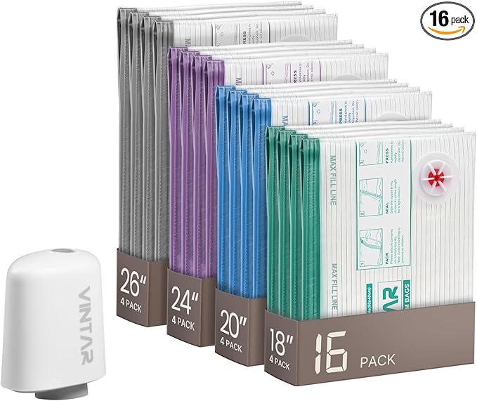 VINTAR 16 Pack Vacuum Storage Bags for Travel with Cordless Pump, Color | USB Rechargeable Pump, 4 Sizes Compression Bags Set, Vacuum Seal Bags for Clothing Travel Luggage Bedding, Space Savered