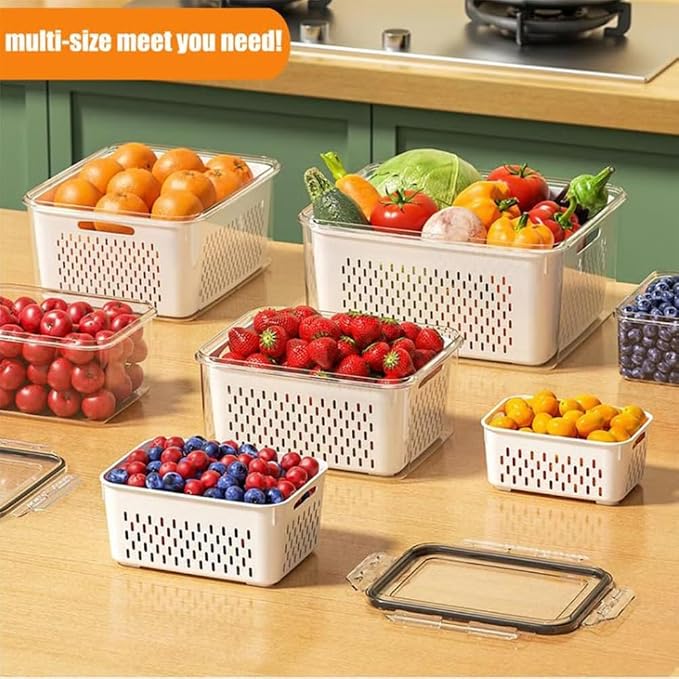 4 in 1 Food Storage Container, Fruit Storage Containers for Fridge, Produce Storage Containers with Lid and Strainer, Including Drain Basket, Multipurpose Large Fruit Containers for Fridge (3PC-White)