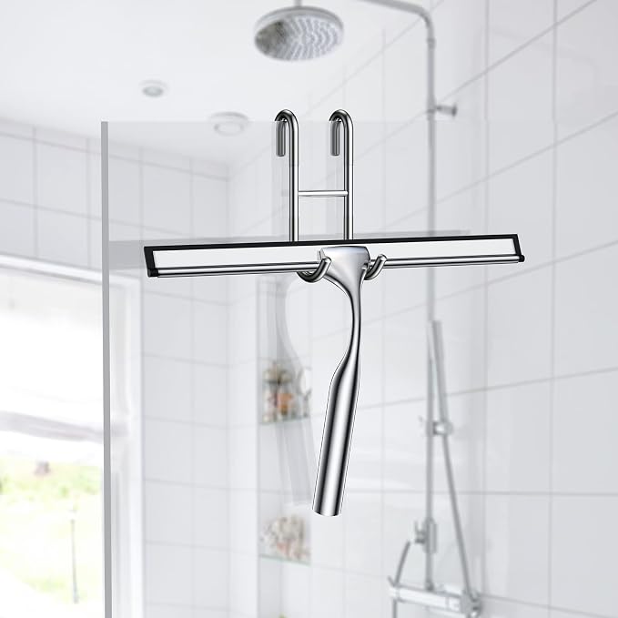 Shower Squeegee for Glass Door Stainless Steel Bathroom Squeegee Window Wiper, Includes Shower Door Hook, Adhesive Hook, and Spare Silicone Blade for Window Mirror Car 12-Inch