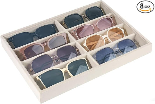Sunglass Organizer, 8 Grids Beige Velvet Glasses Tray for Eyeglasses Watches Jewelry Display Handmade Craft Storage Box for Home or Shop, Large Capacity 13.8"x9.4" Men Women