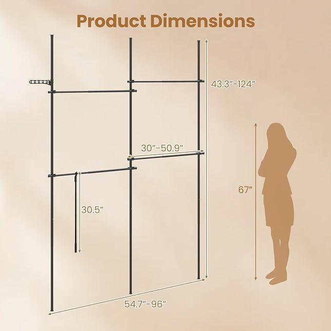 Giantex Floor to Ceiling Clothes Rack, Heavy Duty DIY Garment Rack 4 Rods | Tension Pole Closet System w/ Folding Drying Rack, Reacher Pole, Metal Garment Organizer for Bedroom, Laundry Room, Closet