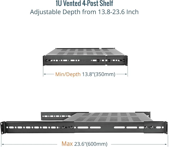 Tecmojo 1U 4-Post Vented Server Rack Mount Shelf,13.8in Deep with Adjustable Depth 13.8-23.6inch,Supports to 242 lbs,Universal Tray for 19 Inch AV/Network Equipment Rack,Black
