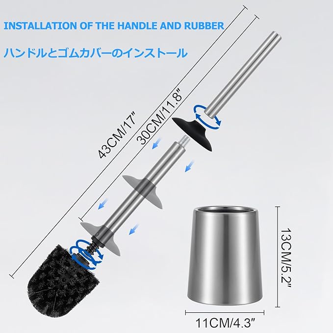 SUS304 Stainless Steel Toilet Brush and Holder Silicone Bathroom Brush TPE Brush Head Toilet Cleaner for Bowl Bathroom Cleaning Brush Caddy with Oily Coating Brushed Chrome