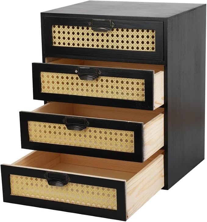 GoooodGIFT Wooden Drawers Large Wooden Box with Drawer, Black | 4 Drawer Wood Storage Box , Vintage Desktop Organizer with Drawers, Desk Organizers for Library Card Catalog Cabinet