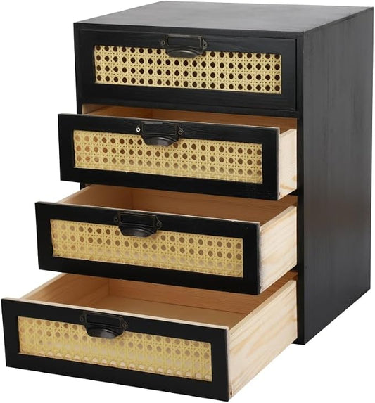 GoooodGIFT Wooden Drawers Large Wooden Box with Drawer, Black | 4 Drawer Wood Storage Box , Vintage Desktop Organizer with Drawers, Desk Organizers for Library Card Catalog Cabinet