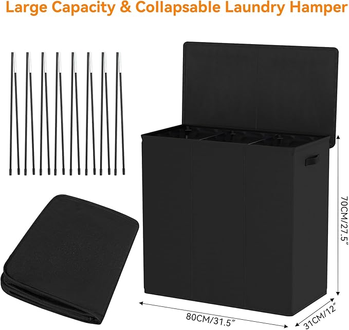 WOWLIVE 180L Laundry Hamper 3 Section, Large Laundry Basket with Lid | Dirty Clothes Hampers with Removable Bags and Handles, Collapsible Laundry Basket Organizer for Dorm Room, College, Black