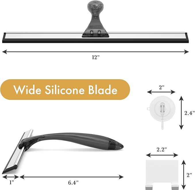 AmazerBath Shower Squeegee for Glass Doors, All-Purpose Squeegee with Suction Hook & Adhesive Hook, Squeegee for Shower Glass, Windows, Mirrors, Tiles and Car Windows - 12 Inches, Clear Black