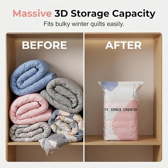 No-Pump Vacuum Storage Bags, Upgrade Large Storage Compression Bags No-Pump 3D Vacuum Storage Bags for Clothes, Comforters, Blankets, 2026 New Cube Compression Space Saver Bags (White X3)