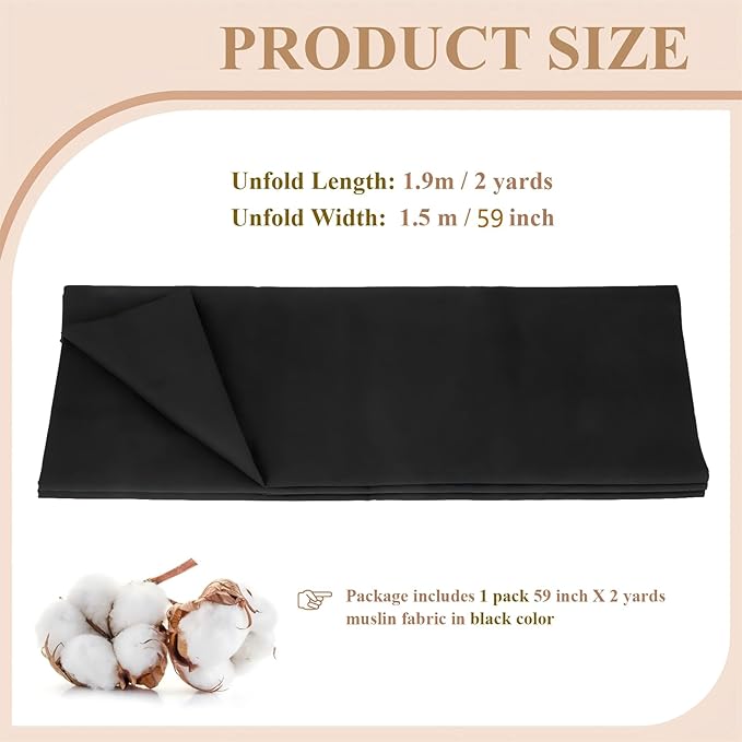 100% Cotton Muslin Fabric, 59 Inch X 2 Yards Black Fabric by The Yard | Medium Weight, Easy Care, Fabric for Sewing Embroidery , Garments, Crafts Material, Apparel Cloth