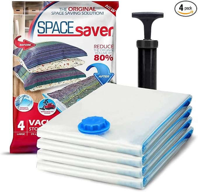 Spacesaver Jumbo Vacuum Storage Bags for Blankets & Clothes – Jumbo Vacuum Sealed Compression Bags with Hand Pump – Space Saver Storage Bags for Bedding, Moving, Travel & Organization (4 Pack)