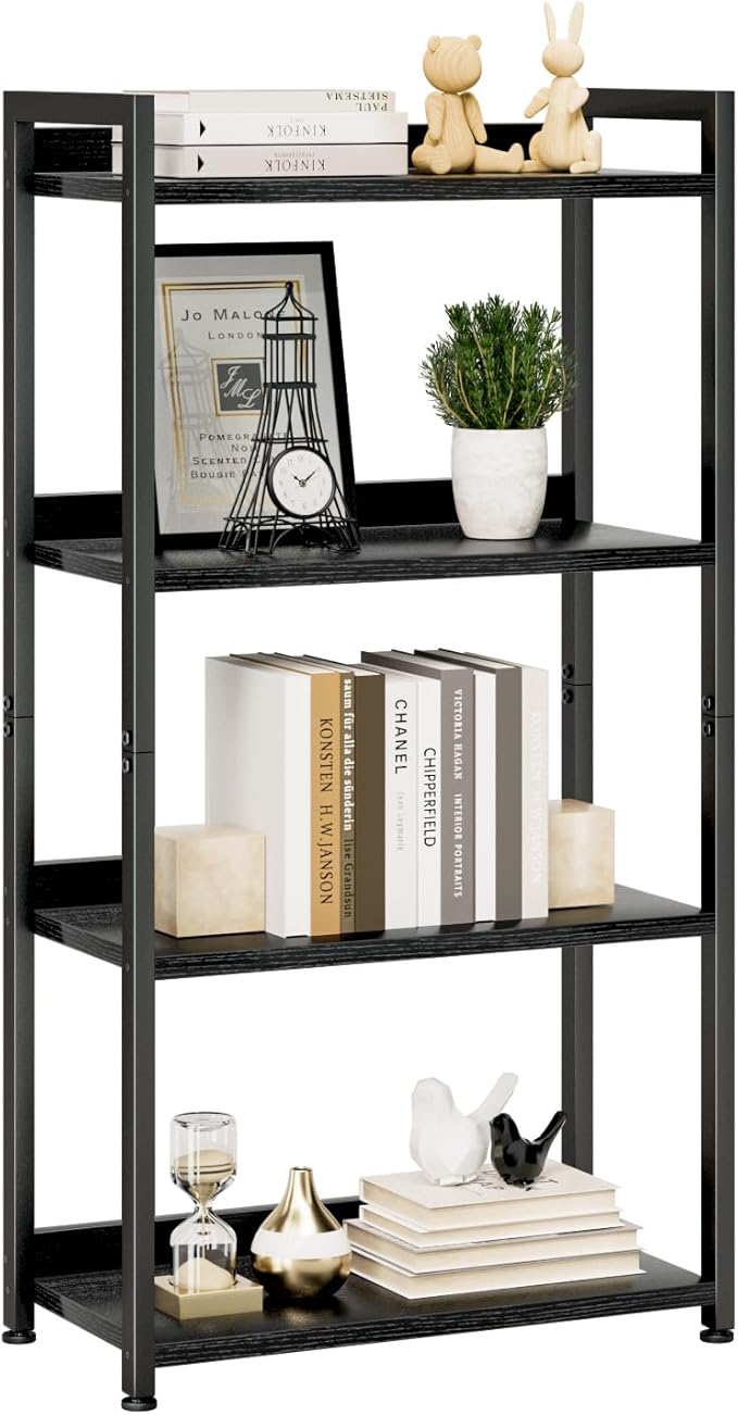 NUMENN Bookshelf, 4 Tier Freestanding Shelving Unit, Black | Metal Frame & Wood Shelves, Falling Prevention Baffle, Open Storage Bookcase for Bedroom, Living Room & Home Office