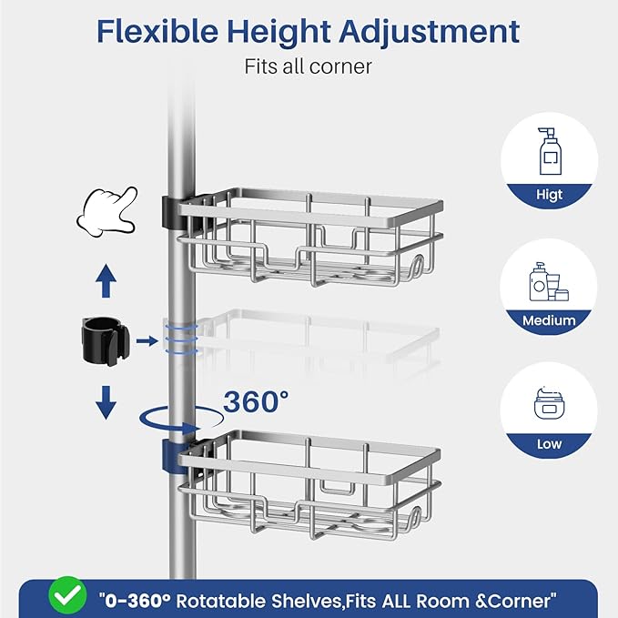 Corner Shower Caddy Organizer Tension Pole, Adjustable 6 Shower Shelves Corner Shelf 30-120Inch Rustproof Shower Rack for Inside Shower, Extra Towel Bar Soap Dish Bathroom Organizers and Storage Gray