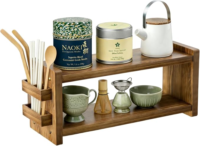 2 Tier Solid Wood Coffee and Matcha Station Organizer Farmhouse | with Straw Holder for Matcha, Pods, Sugar, Tea, Cups, Stirrers, Mugs Storage Countertop