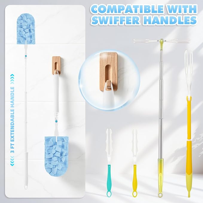 Reusable Duster Refills, Washable Duster for Swiffer (6 PCS) | with 3 Ft Extendable Handle, Reusable Microfiber Pads for Cleaning Fan, Floor, Blind, Include 1 Laundry Bag & Spray Bottle