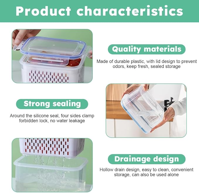 2pcs Fruit Storage Containers for Fridge, Airtight Food Saver Containers with Removable Colander & Lid, Stackable Fridge Organizer Box Set to Keep Vegetables Fresh Longer(Clear White)