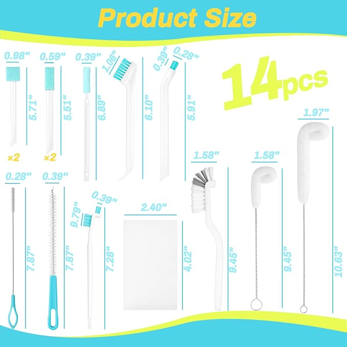 Potanro Ice Machine Cleaner Brush Sets, 14pcs Countertop Ice Maker Cleaner Tools, Gap Crevice Cleaning Brushes Tools Small Spaces, Scrub Sponge, Thin Brush for Cleaning Window Track, Straw, Bottle