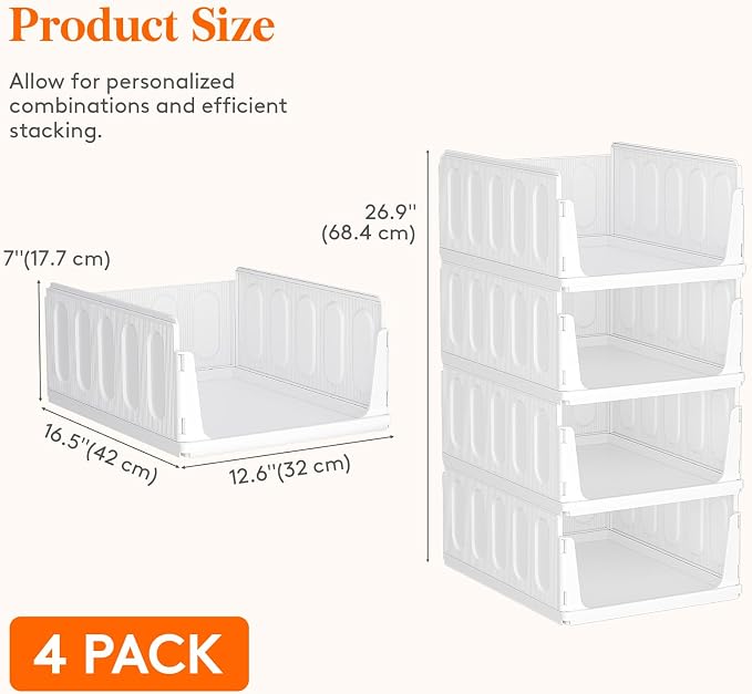 Lifewit 4 Pack Stackable Closet Organizers and Storage Basket for Clothes, Plastic Sweater Storage Bins for Wardrobe, Stacking Clothing Containers for RV, Pantry, Shelf, Kitchen, Dorm, 16.5" Depth | Extendable Plastic Organiser System for Cupboard & Sh...