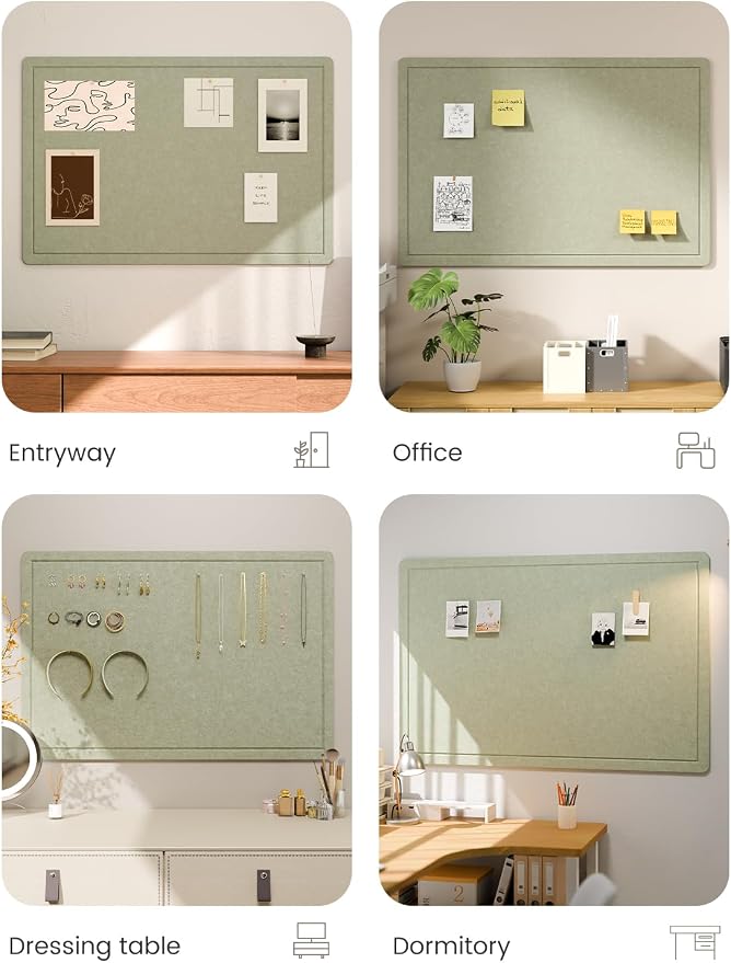 Fluxynara 35.4" x 23.6" Bulletin Board, Sage | Cork Board Alternative with 12 Removable Adhesive Tabs, Foldable Felt Pin Board for Home, Office, Classroom & Dorm