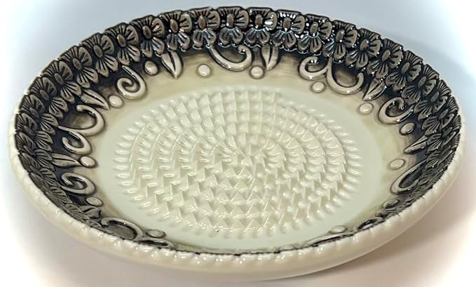 BonCera, All-in-one Premium Ceramic Garlic Grater Plate 4-Piece Set - Black Embossed Design and Style - For Garlic, Ginger, Chocolate, and more! - Comes with 5.25" Plate, Peeler, Brush, and Stand
